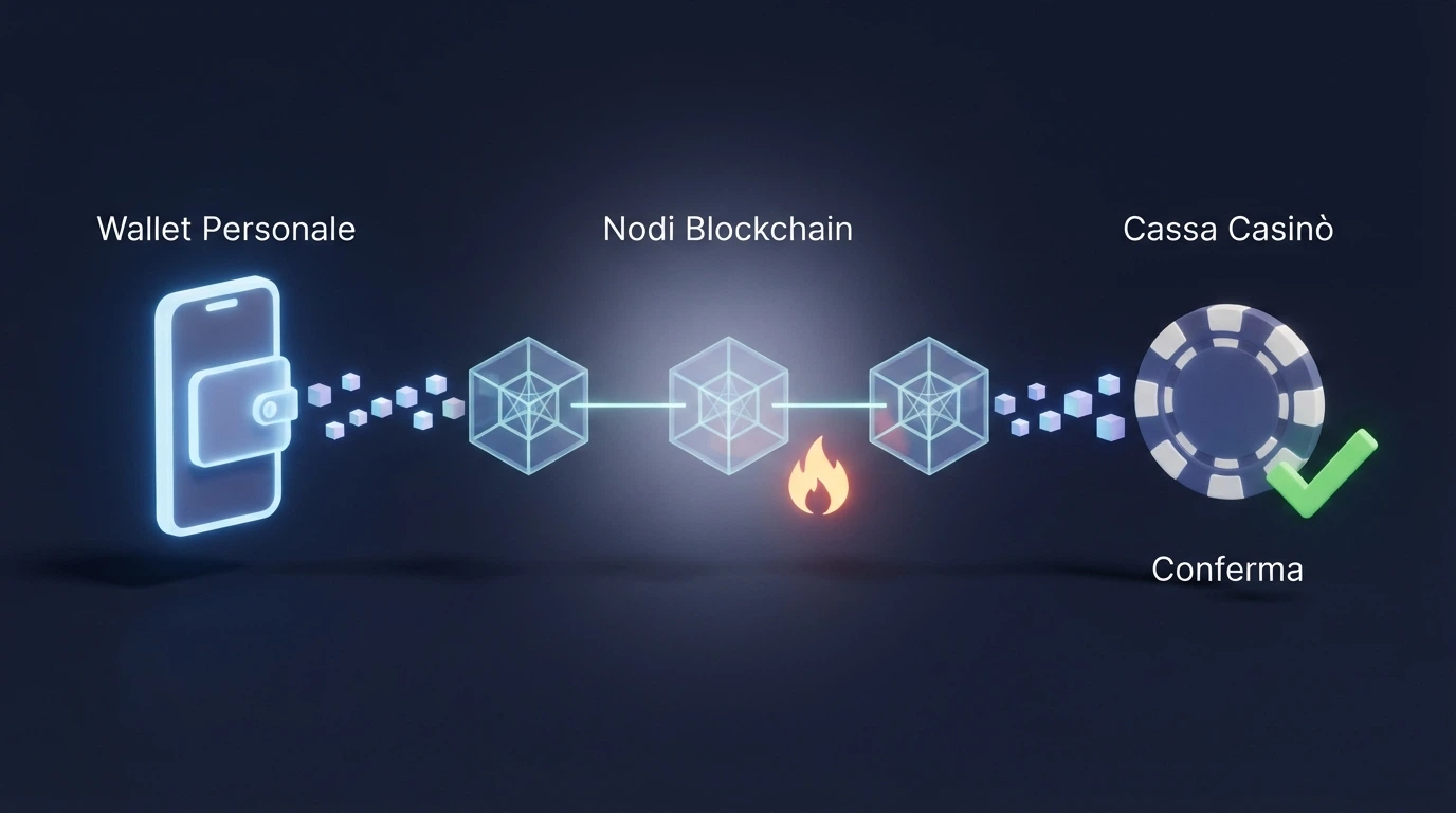 Schema visivo del flusso di una transazione Ethereum: wallet personale, rete blockchain, indirizzo del casinò, conferma