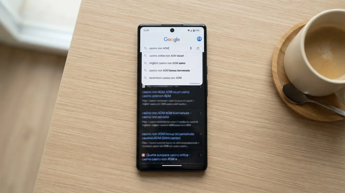 Una barra di ricerca di Google in italiano con digitate le varianti «casino non ADM», «casinò non AAMS», «casinò stranieri» e i risultati sfocati sotto
