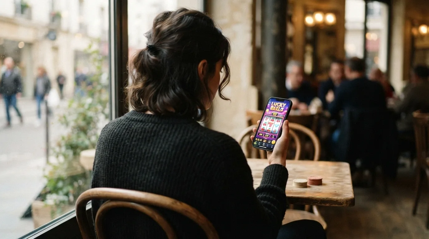 Giocatore che consulta il telefono confrontando diverse offerte di casinò, con espressione riflessiva