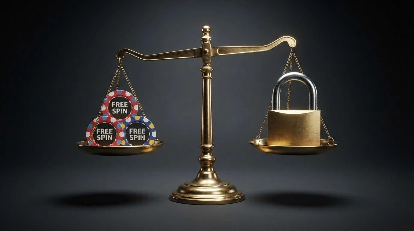 Una bilancia con free spin su un piatto e un lucchetto sull'altro, in equilibrio precario