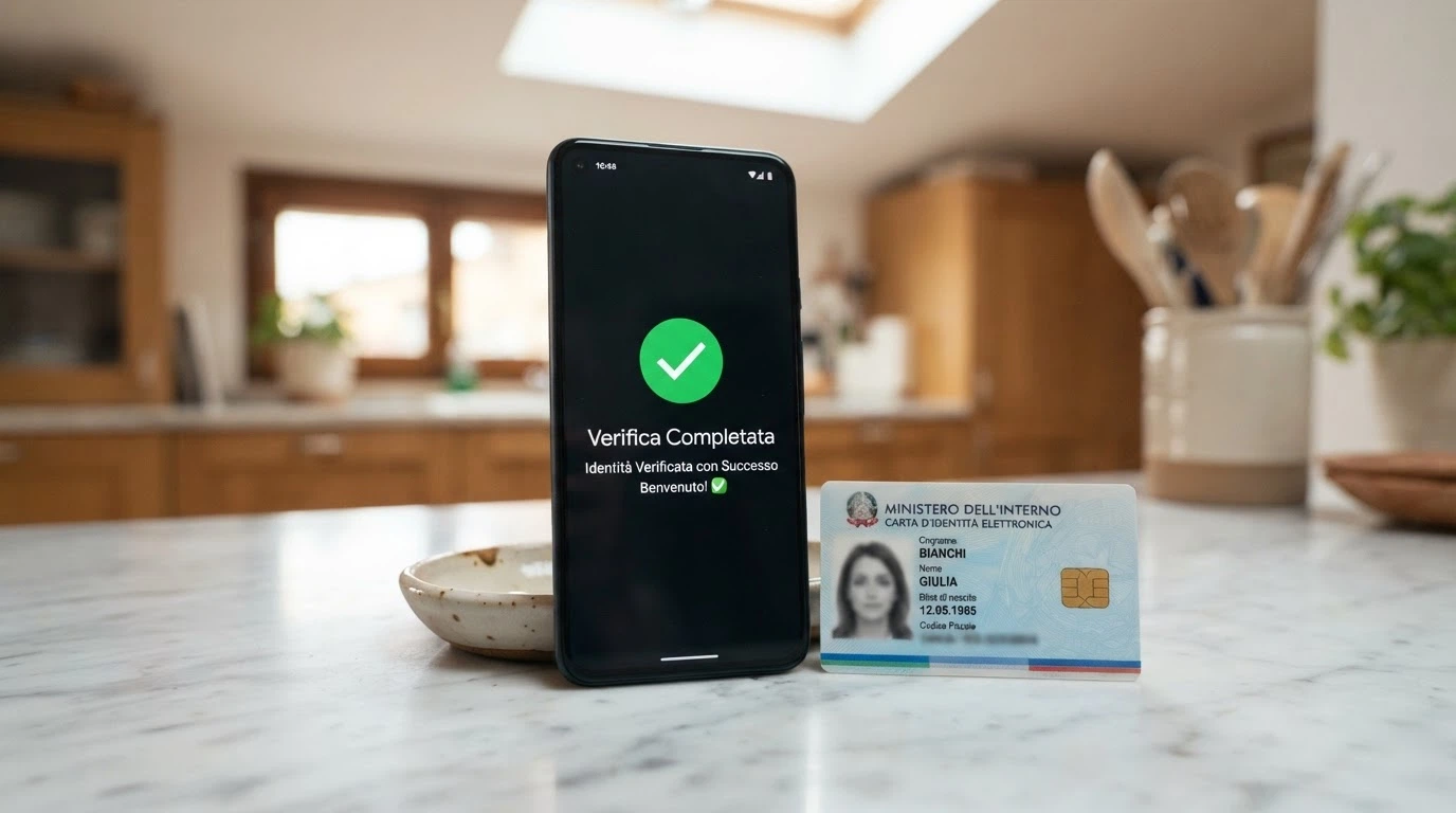 Uno smartphone con l'app SPID aperta accanto a una Carta d'Identità Elettronica appoggiata su una superficie, con lo schermo del telefono che mostra una spunta di verifica completata