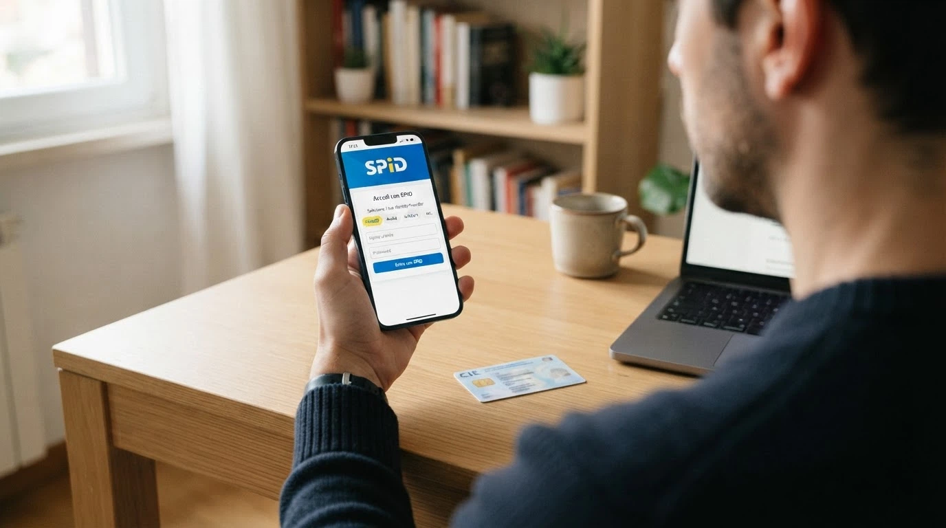 Una mano che avvicina uno smartphone al volto con l'interfaccia di login SPID visibile sullo schermo, accanto a una carta d'identità elettronica appoggiata sul tavolo
