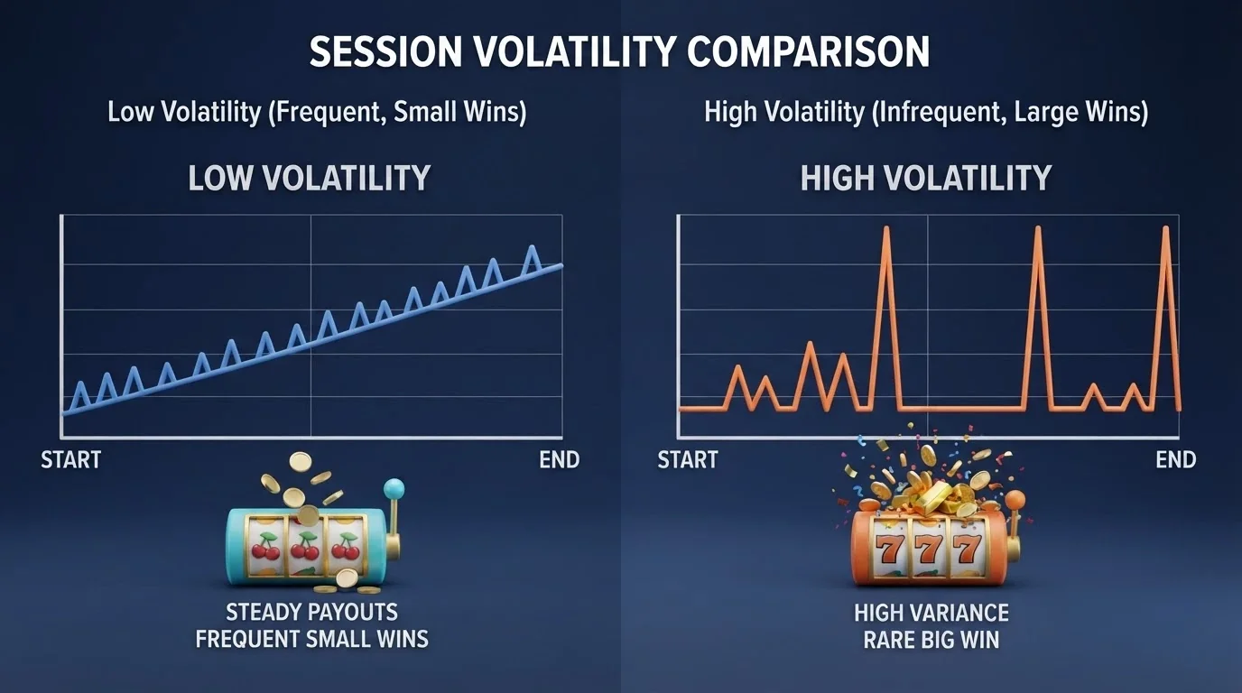 Un'illustrazione che confronta due profili di sessione: una slot a bassa volatilità con vincite piccole e frequenti accanto a una slot ad alta volatilità con vincite rade ma consistenti.