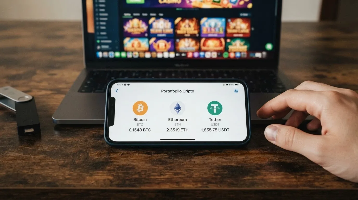 Schermo di un wallet digitale con simboli Bitcoin, Ethereum e USDT accanto a una lobby di casinò